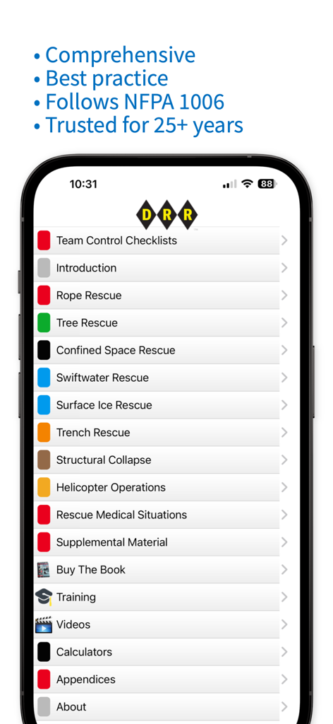DRR Rescue - DRR RescueアプリのメインメニューにNFPA 1006標準に基づくさまざまなテクニカルレスキューカテゴリが表示されています。