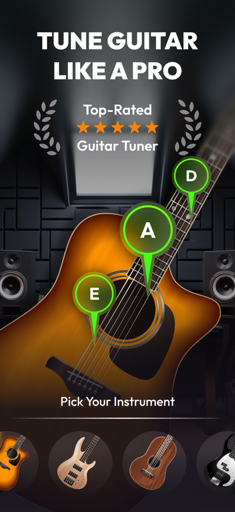 Guitar Tuner: Bass & Fender - Guitar tuner app interface with instrument selection for acoustic guitar, bass and ukulele