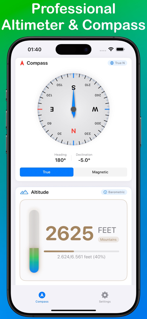 TrueNorth app interface displaying a professional compass rose with a 180 degree heading and a digital altimeter showing 2625 feet