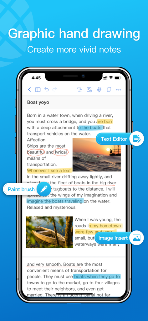 Notehot - notes&voice text - Interfaz de la aplicación Notehot que muestra edición de texto, dibujos a mano e inserción de imágenes para notas vívidas
