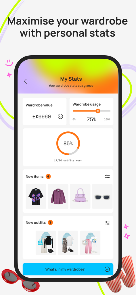 Smartphone displaying personal wardrobe analytics including usage rates and clothing value in the Whering app