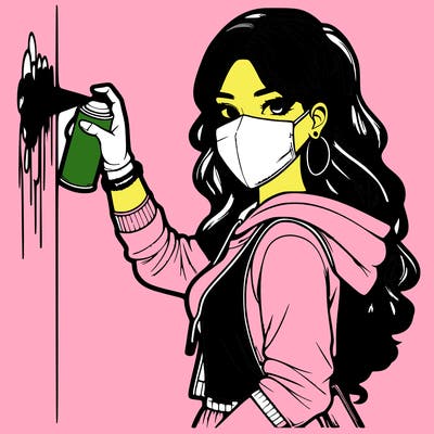 realistic girl with mask spray painting a wall