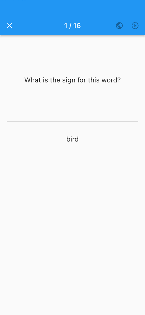 Auslan Dictionary flashcard asking for the sign for the word bird