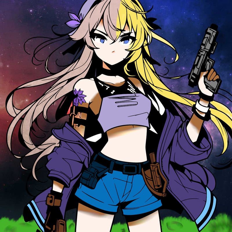 bad girl wearing crop top holding a gun long hair anime