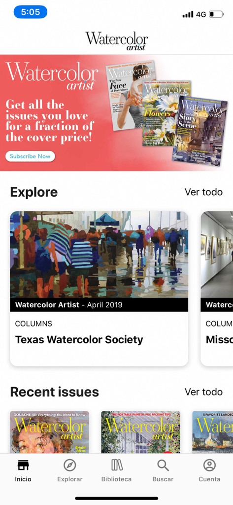 Watercolor Artist Magazine - Home screen of the Watercolor Artist Magazine app showing digital art publications