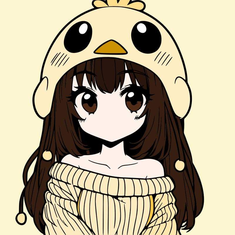 anime girl with chick shaped hat with sweater with bare shoulders with bangs covering them one eye with low tail