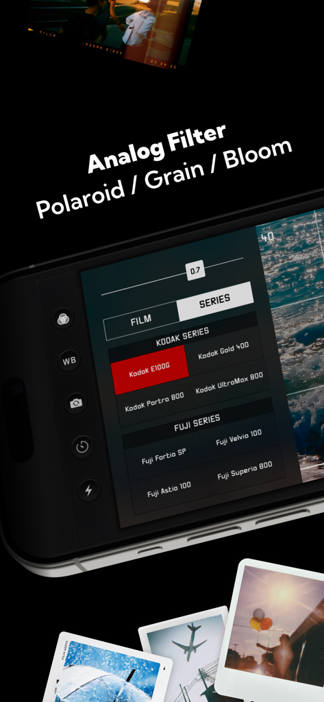 FILCA app interface displaying analog film filters like Kodak and Fuji with a Polaroid effect