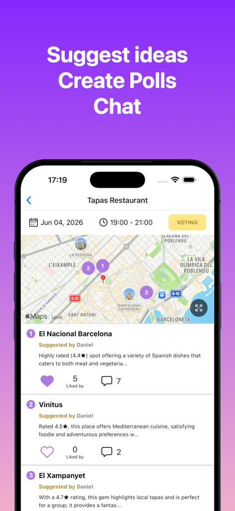 FlowTrip AI Group Trip Planner - FlowTrip app screen showing a map of Barcelona and a list of suggested tapas restaurants with voting and commenting features for group trip planning