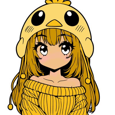 anime girl with chick shaped hat with sweater with bare shoulders with bangs covering them one eye with low tail