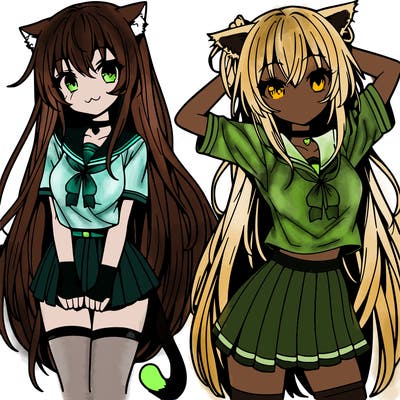 anime girl with very long hair with a cat shirt and a short skirt