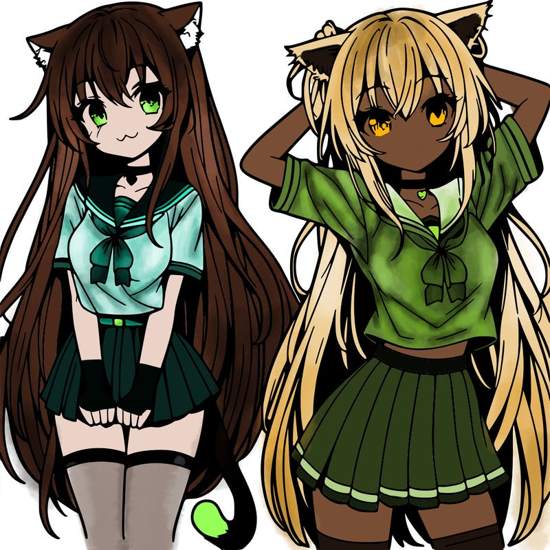 anime girl with very long hair with a cat shirt and a short skirt