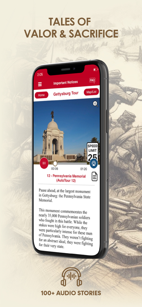 A smartphone displaying the Gettysburg Battle Auto Tour app with an audio story about the Pennsylvania Memorial