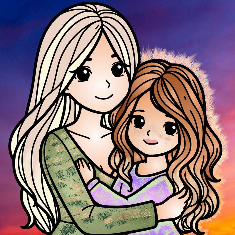 mom with medium length straight blonde hair daughter with long wavy hair hugging