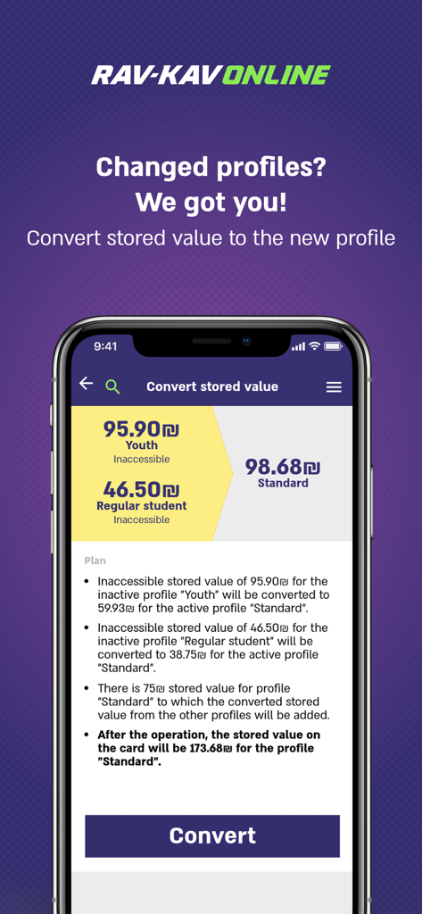 Interface of Rav-Kav Online app showing the feature to convert stored value between different user profiles