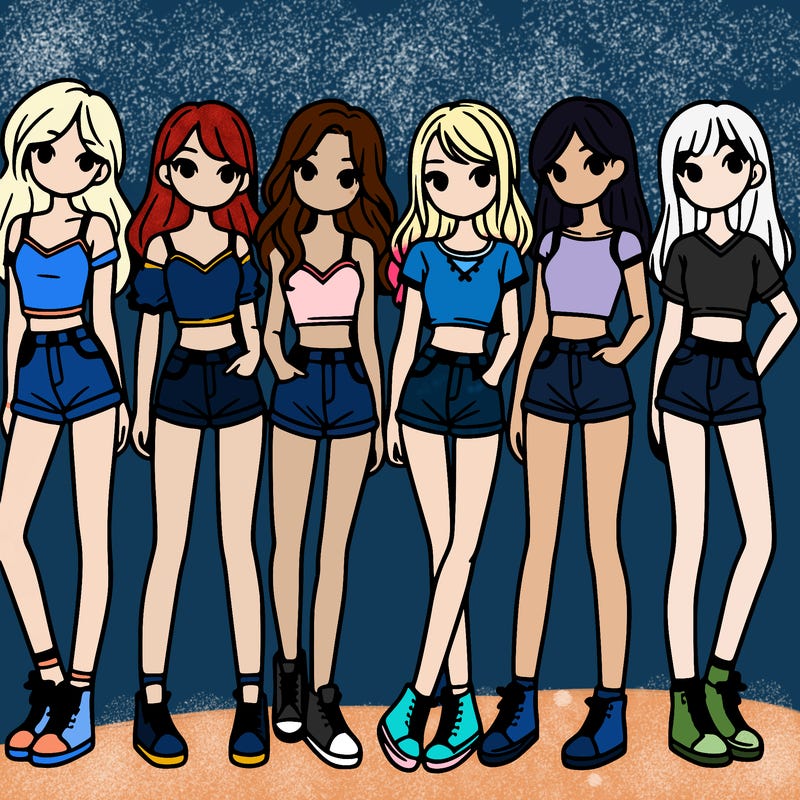 a group of girls wearing crop tops and shorts