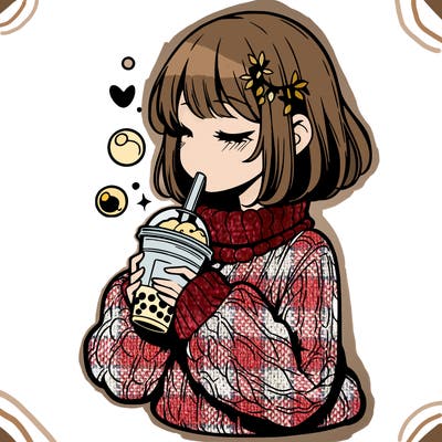 manga girl drinking boba in cozy sweater