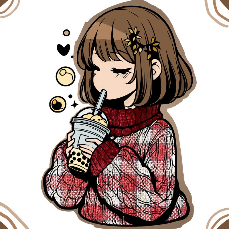 manga girl drinking boba in cozy sweater