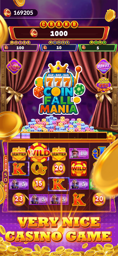 Coin Fall Mania - Interfaz del juego Coin Fall Mania con una colorida máquina tragamonedas, premios de jackpot y monedas de oro cayendo.