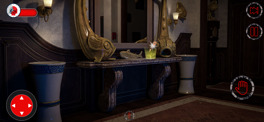 Scary Granny Nun House 3D Game - Vista en primera persona de una llave brillante sobre una mesa de mármol dentro de una espeluznante habitación de hotel en el juego Scary Granny Nun House 3D.