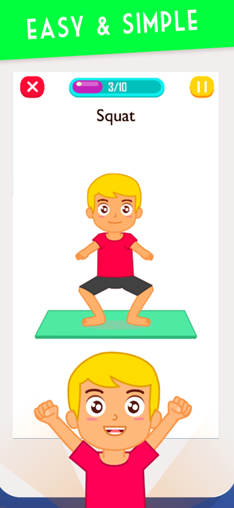 Personagem de desenho animado realizando um exercício de agachamento na interface do aplicativo móvel Exercício para Crianças em Casa.