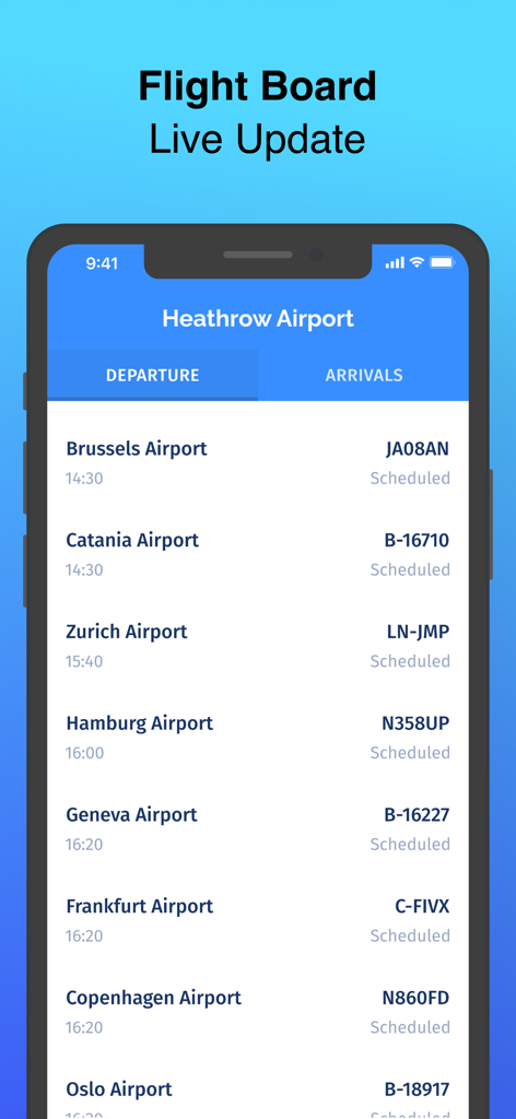 Uma interface móvel mostrando o quadro de partidas ao vivo do Aeroporto de Heathrow com horários e status de voos programados
