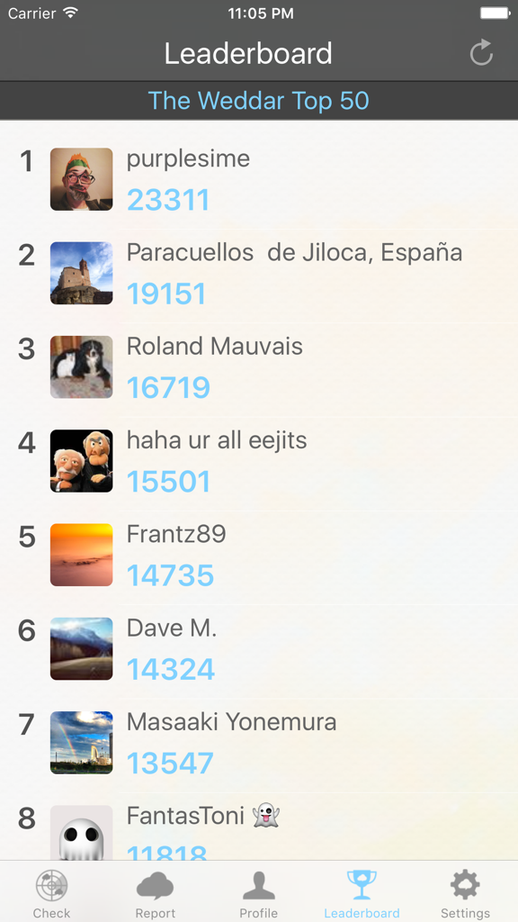 Weddar - Social Weather - Leaderboard screen of the Weddar app showing the top ranked social weather reporters and their points