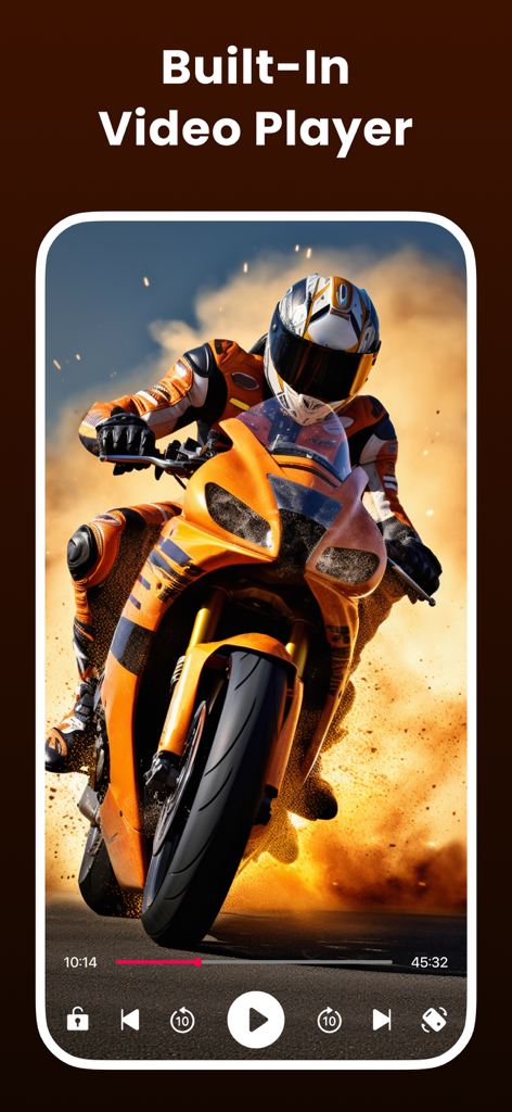 Video Player - All Formats - Screenshot of the built-in video player playing a high-definition video of a motorcycle racer with playback controls