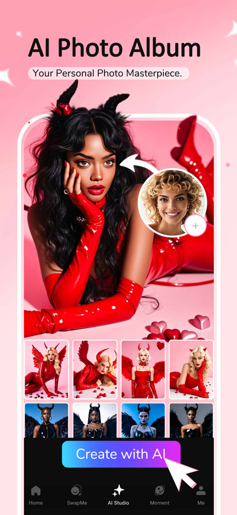 FaceFun: AI Video Generator - FaceFun app interface displaying AI photo album and face swap features with creative portrait templates.