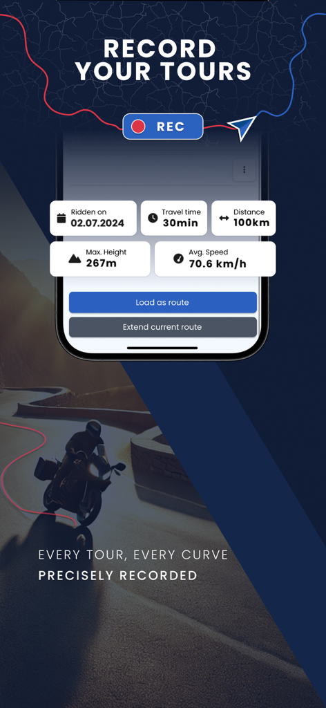 Kurviger app screen showing recorded motorcycle tour statistics including travel time distance and average speed