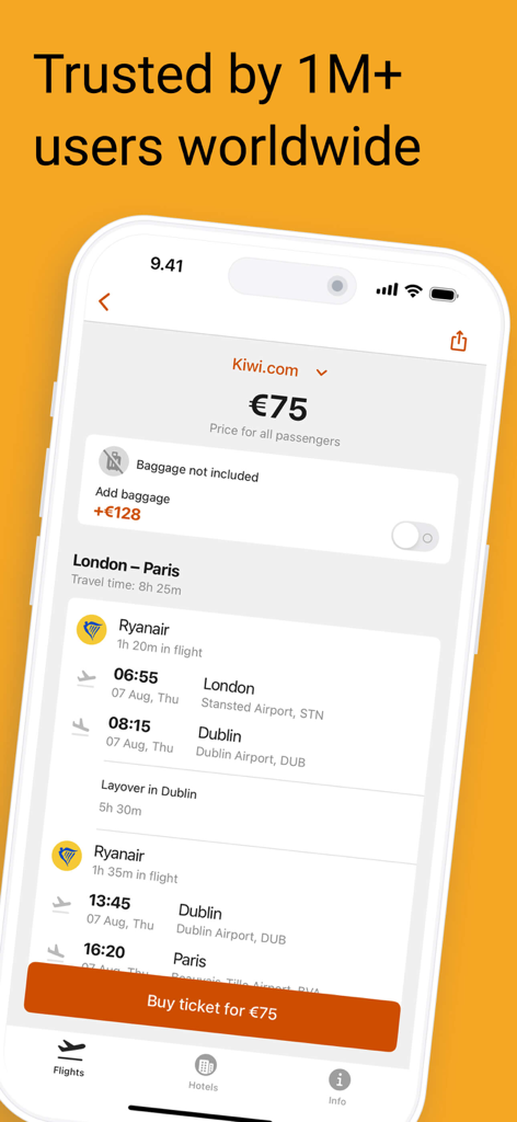 Cheap flights — Hot Deals - 75ユーロのロンドンからパリへのフライトを表示する格安航空券アプリのモバイルインターフェース