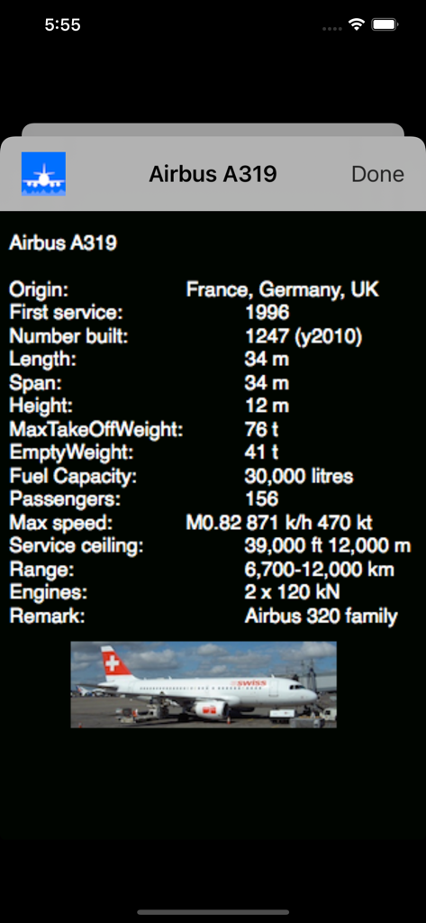 JetID - Technical specifications and photo of an Airbus A319 in the JetID app