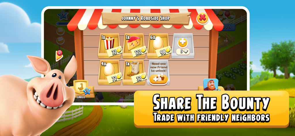A happy cartoon pig next to a roadside shop interface in Hay Day showing goods for sale like eggs and cheese.