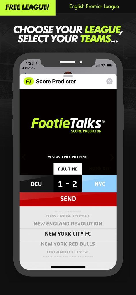 Soccer score prediction app interface showing MLS league and team selection