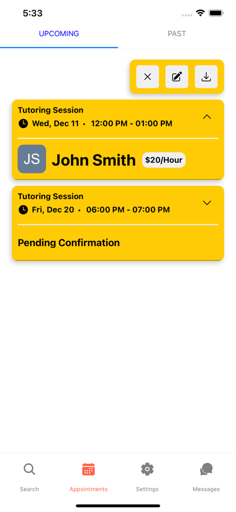 MTutor - Interfaz de la aplicación MTutor que muestra próximas sesiones de tutoría y citas pendientes.