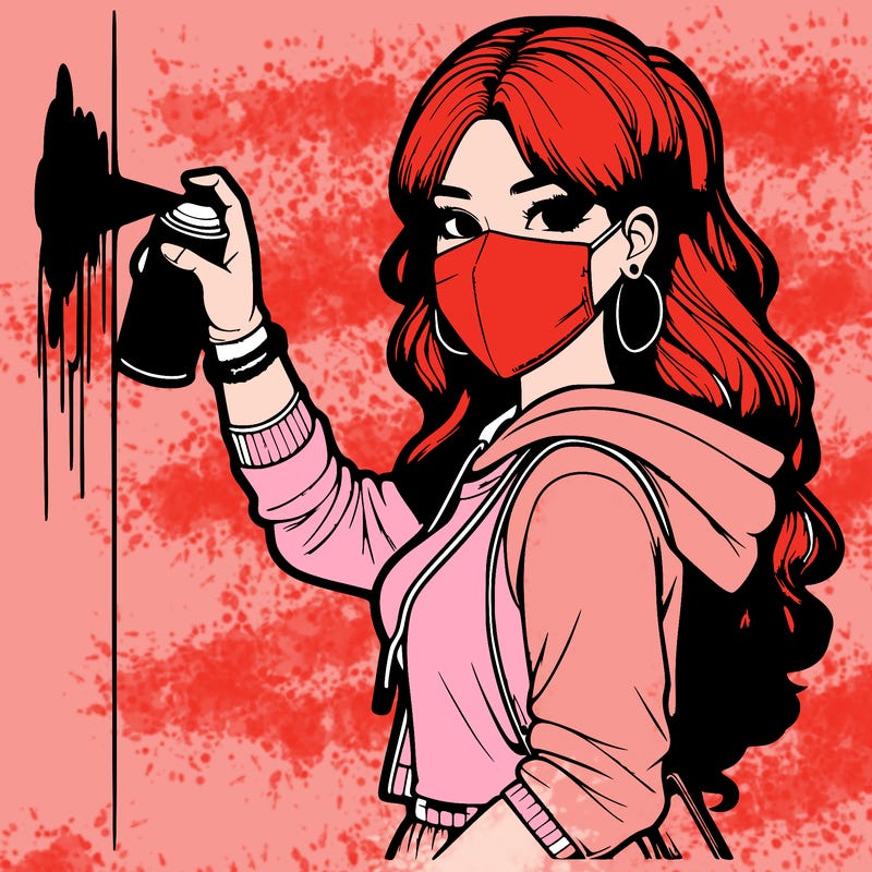 realistic girl with mask spray painting a wall