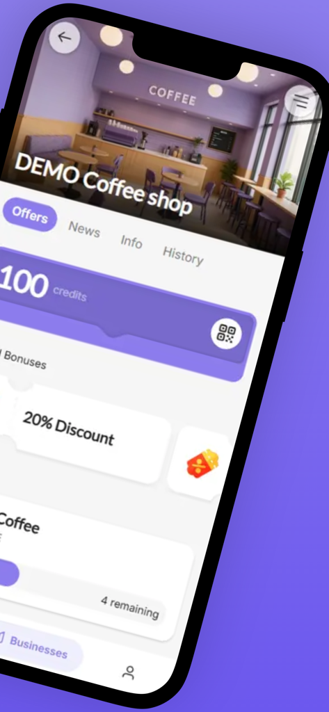 ローカルコーヒーショップのロイヤルティクレジットと割引特典を表示するBonusQRアプリ画面