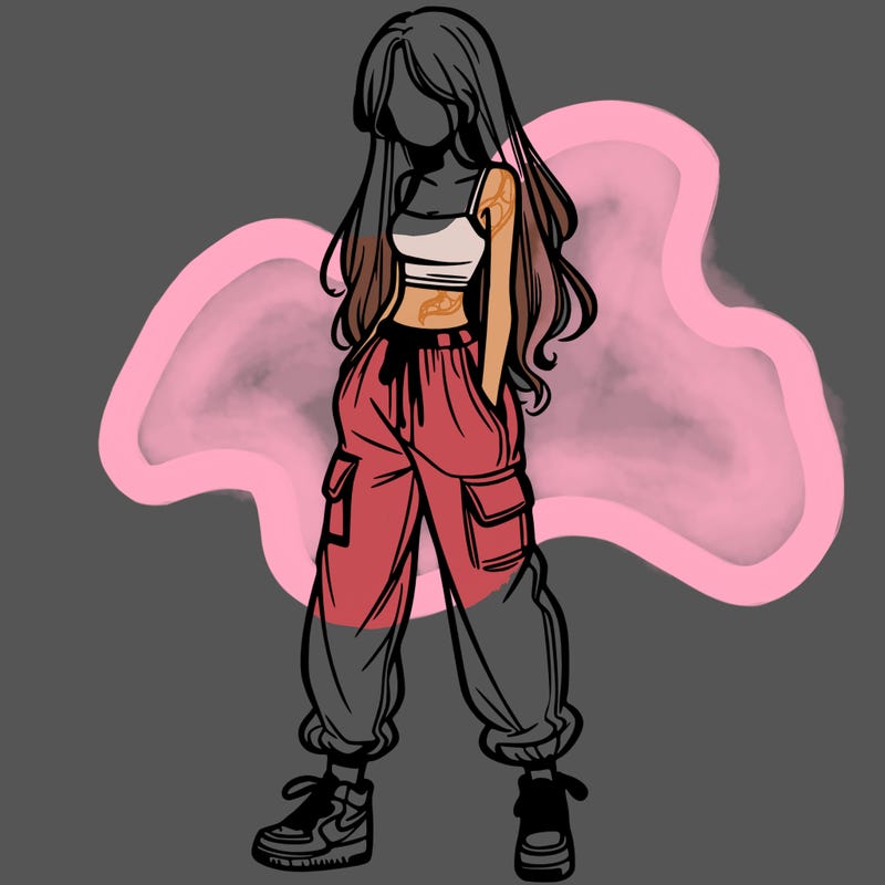 girl in baggy pants crop top and long hair