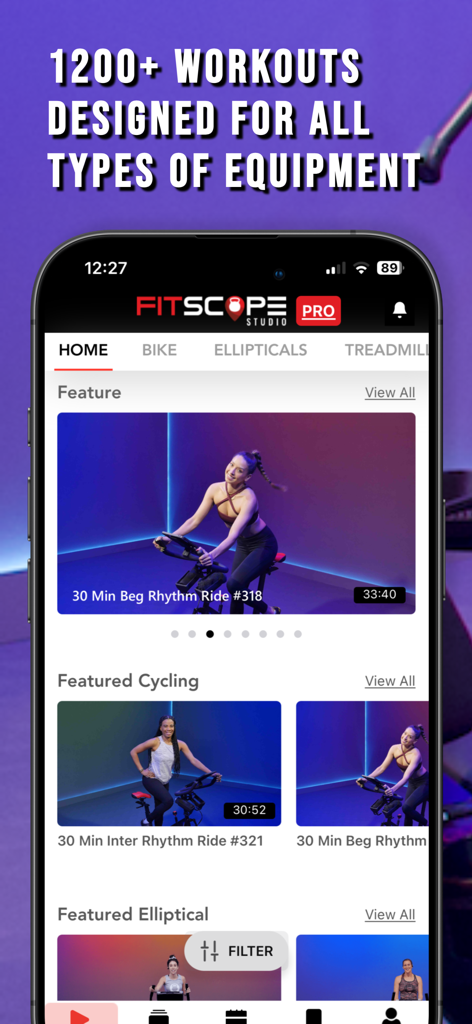 Fitscope mobile app home screen showing featured studio cycling classes and a library of 1200 plus workouts for all types of gym equipment