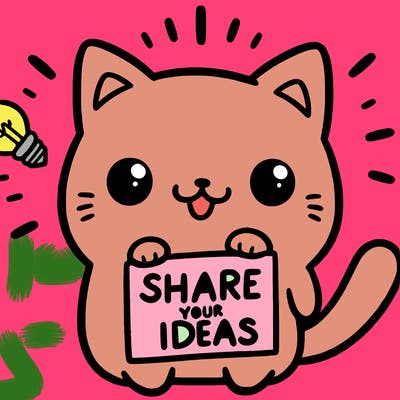 a cute cat saying share your ideas