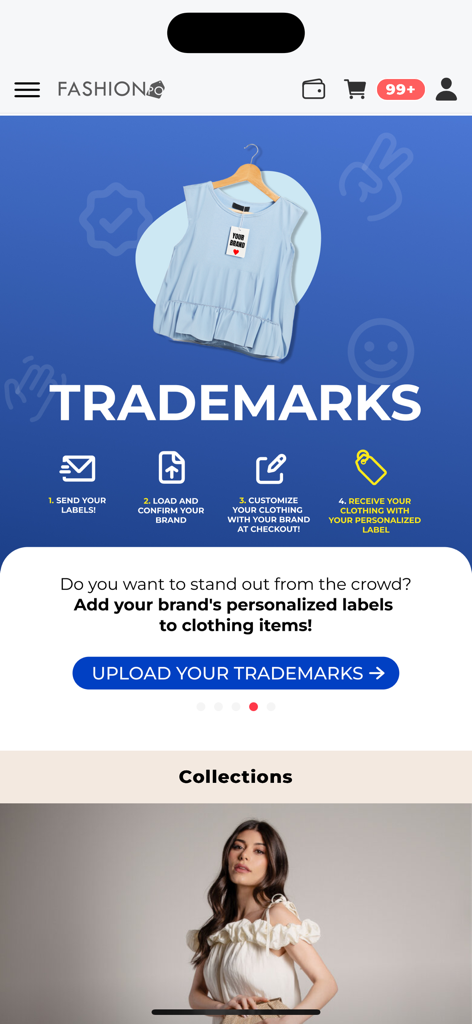 FashionPo - Interfaccia dell'app mobile FashionPo che mostra il processo per i proprietari di boutique per aggiungere le proprie etichette personalizzate ai capi di abbigliamento all'ingrosso.