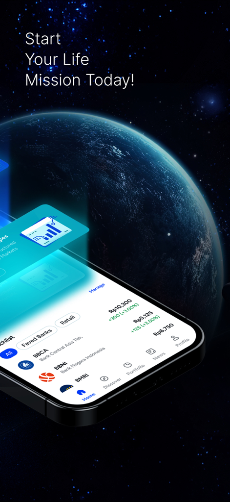 BCA Sekuritas mobile - BCA Sekuritas mobile app interface displaying a stock watchlist and real-time market data on a smartphone with a space background