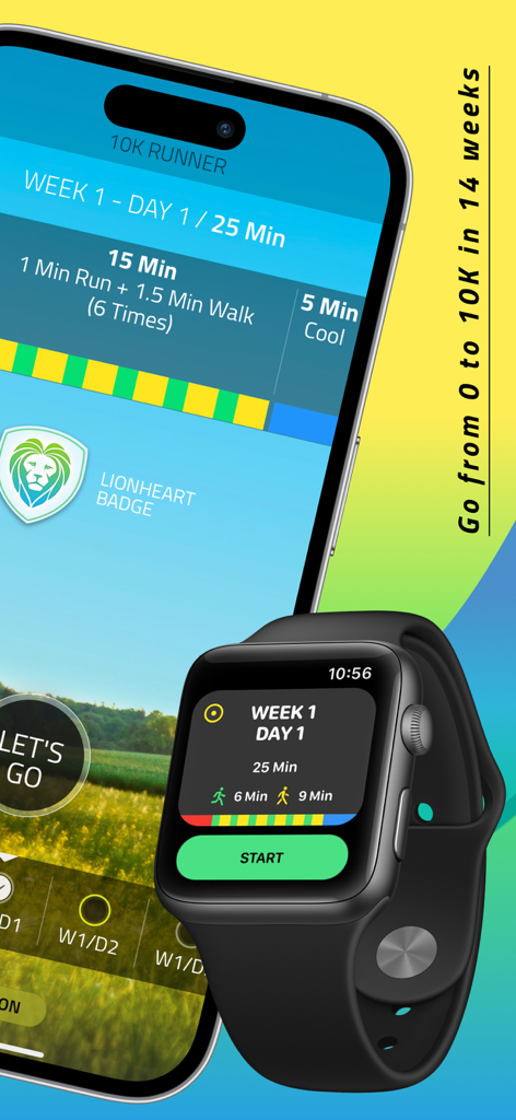 10K Runner App-Oberfläche auf dem iPhone und der Apple Watch, die einen 14-wöchigen Laufplan für Anfänger anzeigt.