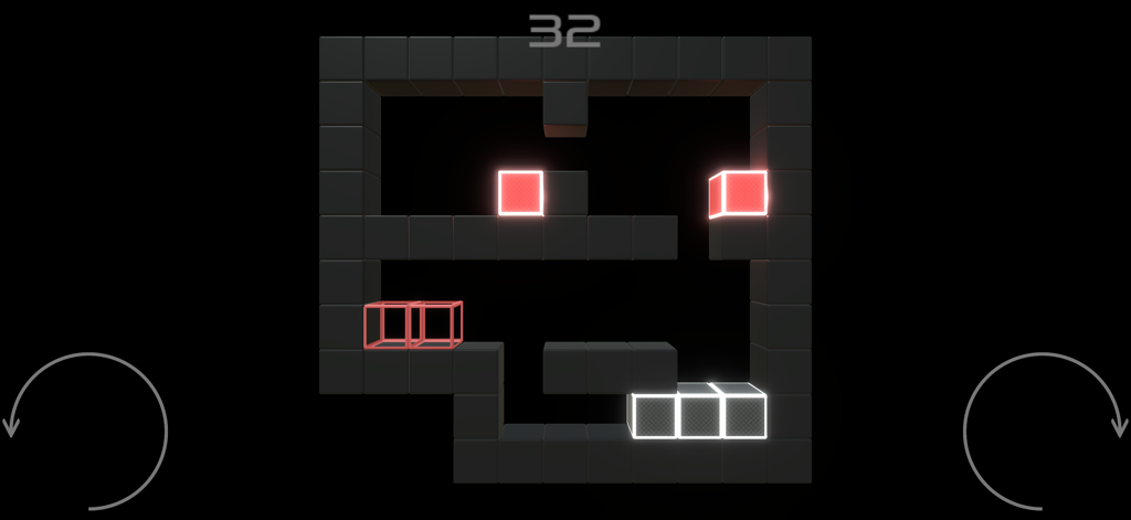 GraviT - Uma captura de tela do GraviT mostrando um nível de quebra-cabeça de física minimalista com blocos vermelhos e brancos brilhantes e controles de rotação.