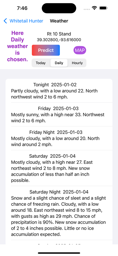 Whitetail Hunter U.S. - Whitetail Hunter U.S. app screen displaying a daily weather forecast for a hunting location