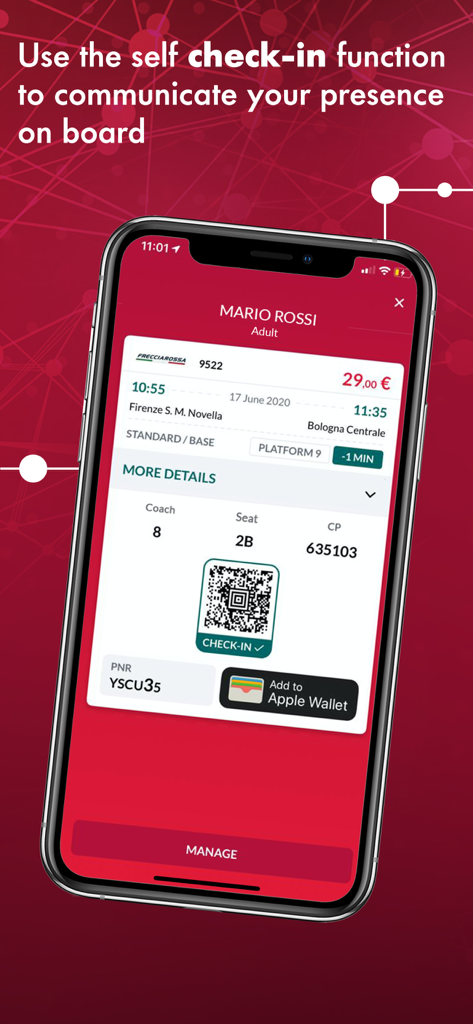 Trenitalia - Trenitalia app screen displaying a digital train ticket with a QR code and self check-in button