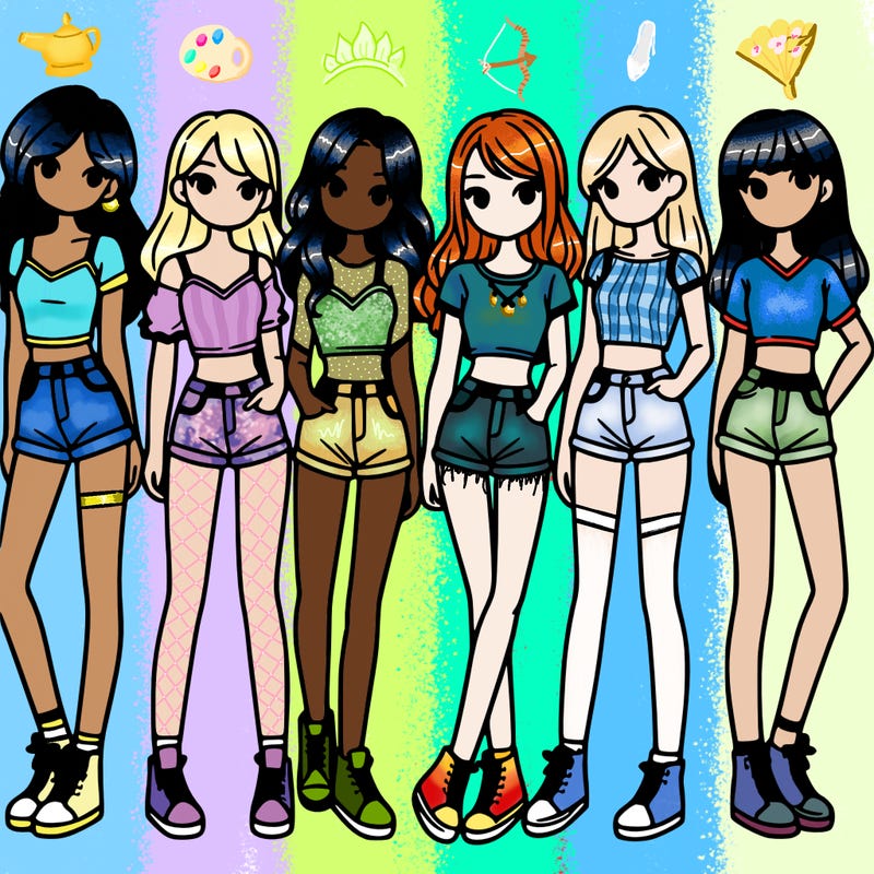 a group of girls wearing crop tops and shorts