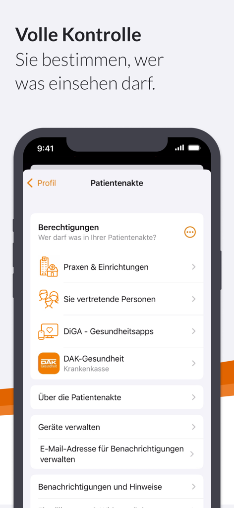 DAK ePA - Anzeige der DAK ePA App auf einem Smartphone, die die Seite mit den Einstellungen für Datenzugriff und Datenschutzeinstellungen zeigt.
