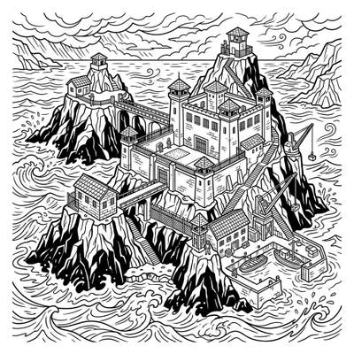 Dive into an imaginative world with this intricate coloring page featuring a mysterious prison island fortress. Designed for teens, it offers complex details of an isolated stronghold amidst stormy seas, perfect for hours of creative relaxation.