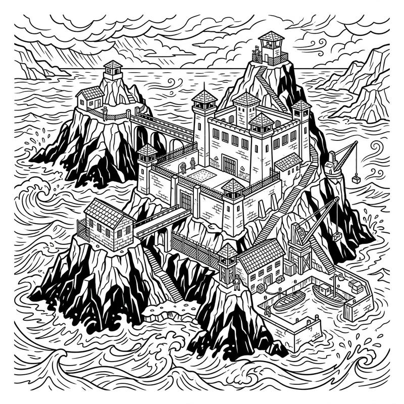 Dive into an imaginative world with this intricate coloring page featuring a mysterious prison island fortress. Designed for teens, it offers complex details of an isolated stronghold amidst stormy seas, perfect for hours of creative relaxation.