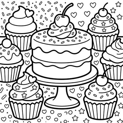 Dive into a world of delicious desserts with this charming coloring page featuring a grand vanilla cake and scrumptious cupcakes. Designed specifically for toddlers, its bold outlines and simple shapes make coloring a joyous and easy adventure.